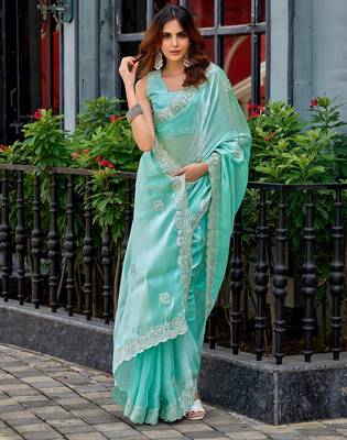 Aqua blue embroidered embellished shimmer chiffon bollywood saree with blouse 2