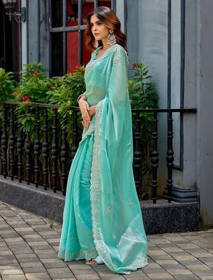 Aqua blue embroidered embellished shimmer chiffon bollywood saree with blouse 3