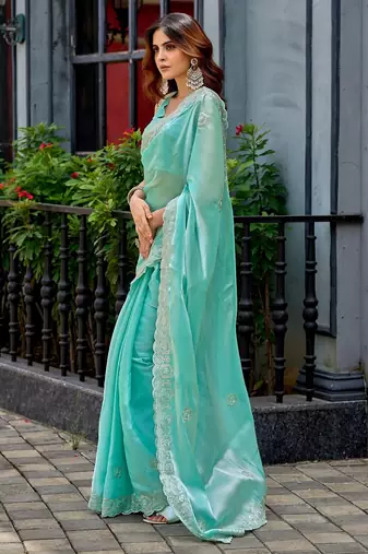 Aqua blue embroidered embellished shimmer chiffon bollywood saree with blouse