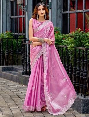 Baby pink embroidered embellished shimmer chiffon bollywood saree with blouse 1