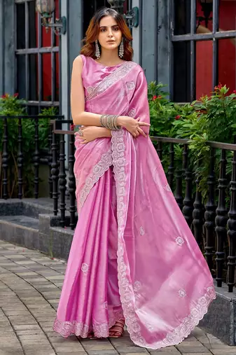 Baby pink embroidered embellished shimmer chiffon bollywood saree with blouse