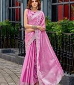 Baby pink embroidered embellished shimmer chiffon bollywood saree with blouse