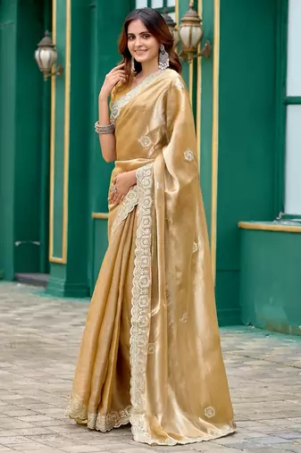 Beige embroidered embellished shimmer chiffon bollywood saree with blouse