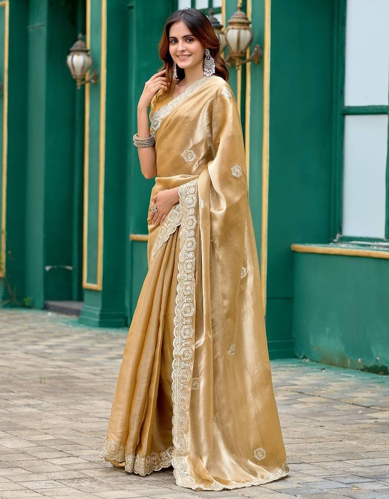 Beige embroidered embellished shimmer chiffon bollywood saree with blouse