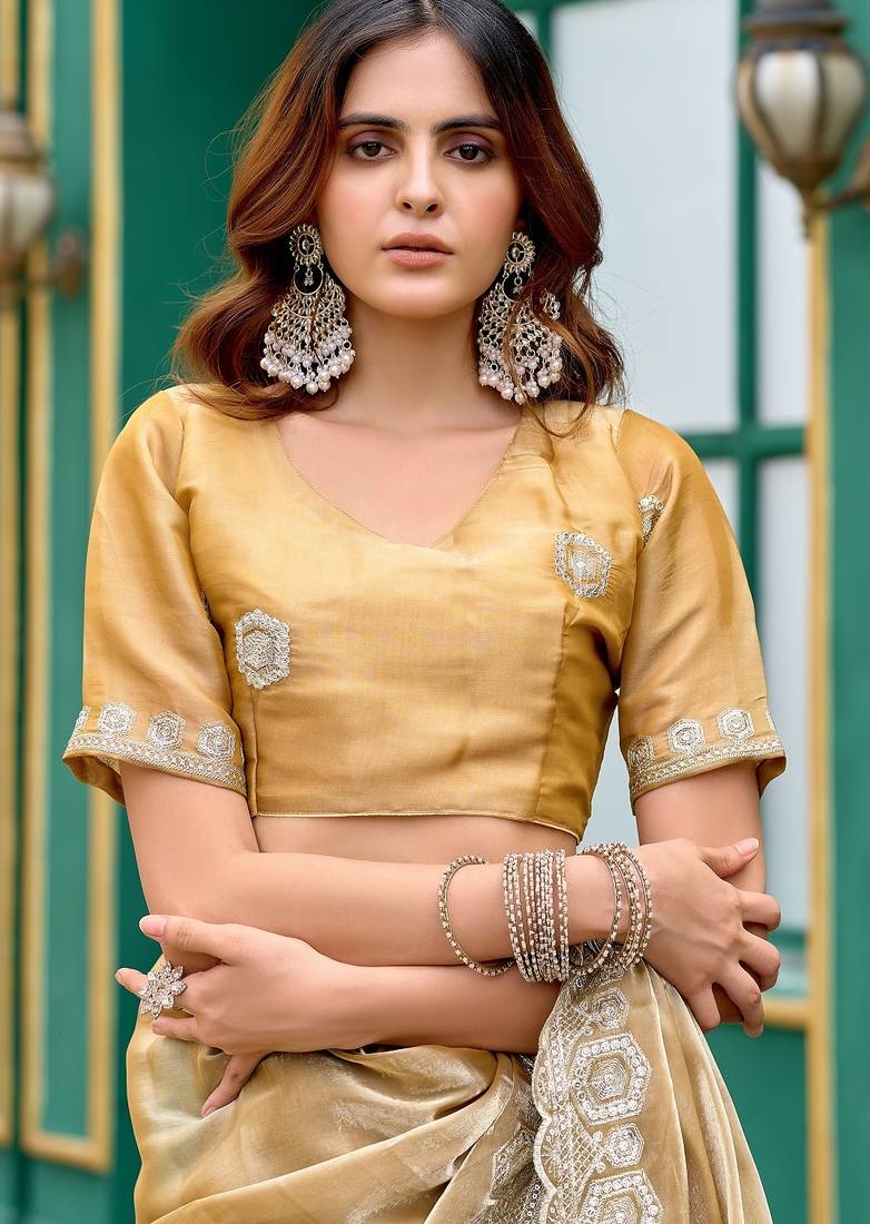 Beige embroidered embellished shimmer chiffon bollywood saree with blouse