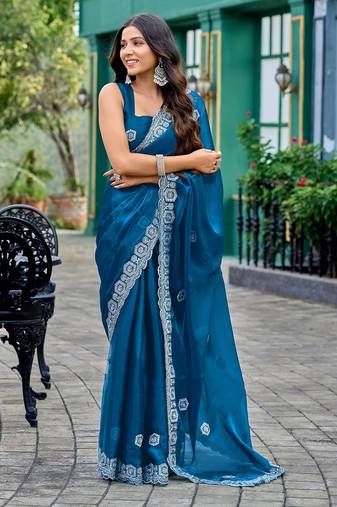 Blue embroidered embellished shimmer chiffon bollywood saree with blouse