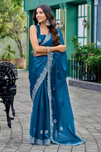 Blue embroidered embellished shimmer chiffon bollywood saree with blouse