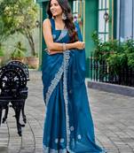Blue embroidered embellished shimmer chiffon bollywood saree with blouse