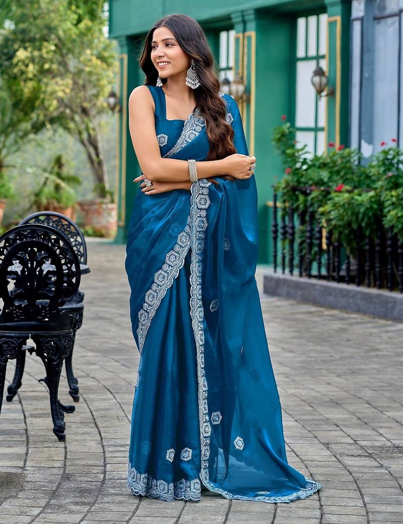Blue embroidered embellished shimmer chiffon bollywood saree with blouse