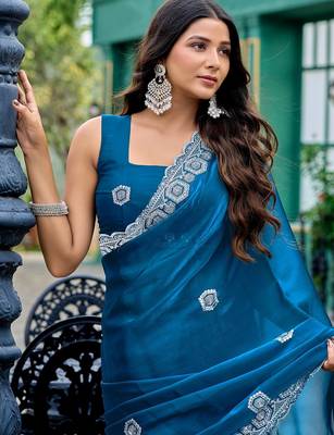 Blue embroidered embellished shimmer chiffon bollywood saree with blouse 2