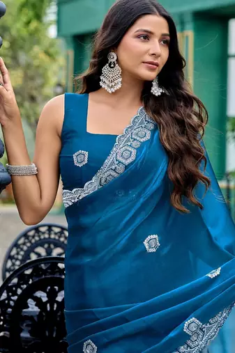 Blue embroidered embellished shimmer chiffon bollywood saree with blouse