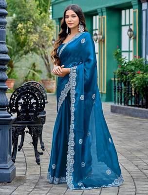 Blue embroidered embellished shimmer chiffon bollywood saree with blouse 3
