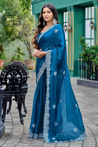Blue embroidered embellished shimmer chiffon bollywood saree with blouse