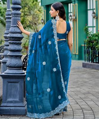 Blue embroidered embellished shimmer chiffon bollywood saree with blouse 4