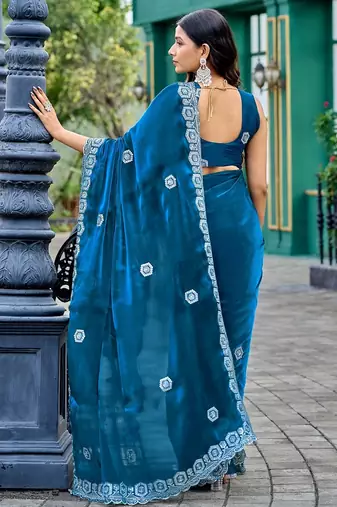 Blue embroidered embellished shimmer chiffon bollywood saree with blouse