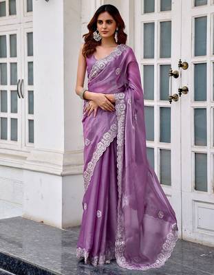 Lavender embroidered embellished shimmer chiffon bollywood saree with blouse 1