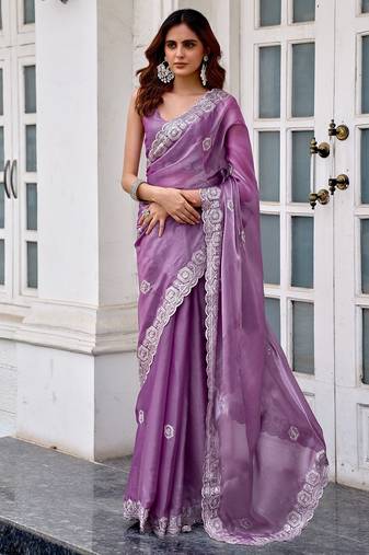 Lavender embroidered embellished shimmer chiffon bollywood saree with blouse