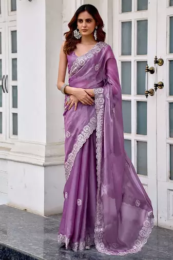 Lavender embroidered embellished shimmer chiffon bollywood saree with blouse