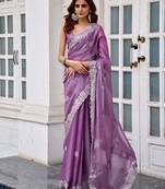 Lavender embroidered embellished shimmer chiffon bollywood saree with blouse