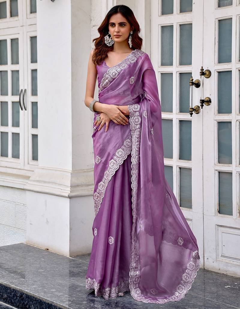 Lavender embroidered embellished shimmer chiffon bollywood saree with blouse