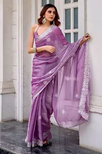 Lavender embroidered embellished shimmer chiffon bollywood saree with blouse