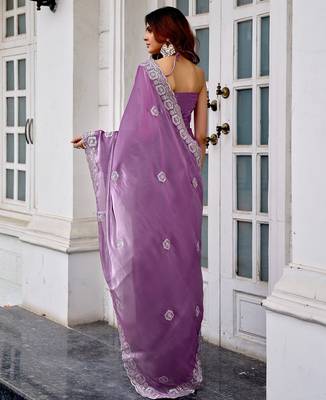 Lavender embroidered embellished shimmer chiffon bollywood saree with blouse 4