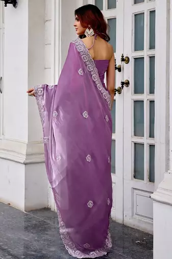 Lavender embroidered embellished shimmer chiffon bollywood saree with blouse
