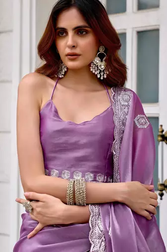 Lavender embroidered embellished shimmer chiffon bollywood saree with blouse