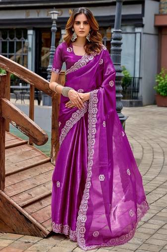 Magenta embroidered embellished shimmer chiffon bollywood saree with blouse