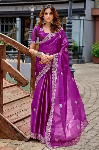 Magenta embroidered embellished shimmer chiffon bollywood saree with blouse