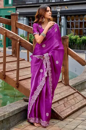 Magenta embroidered embellished shimmer chiffon bollywood saree with blouse