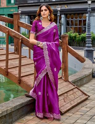 Magenta embroidered embellished shimmer chiffon bollywood saree with blouse 3