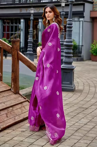 Magenta embroidered embellished shimmer chiffon bollywood saree with blouse