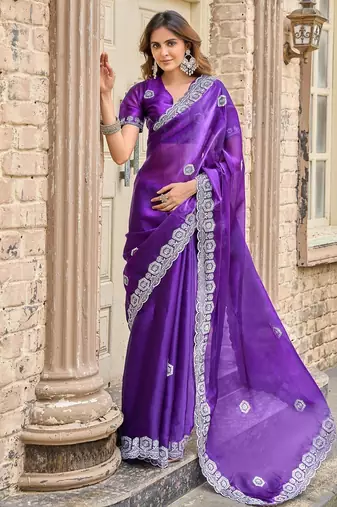 Purple embroidered embellished shimmer chiffon bollywood saree with blouse