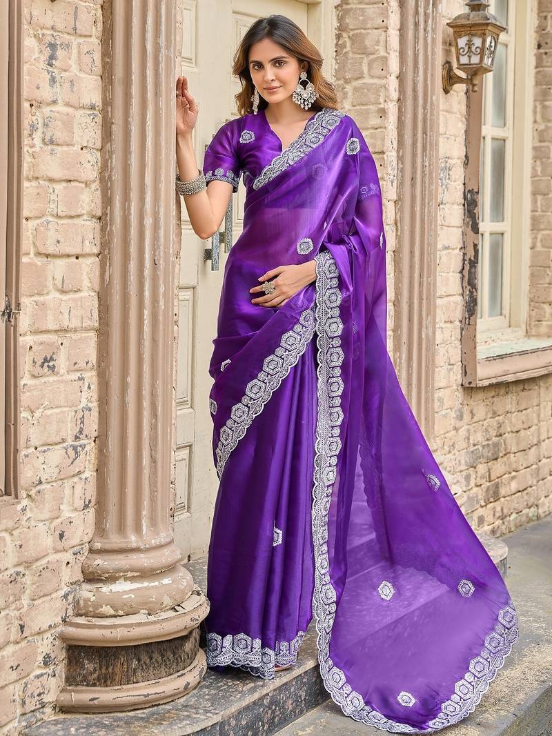 Purple embroidered embellished shimmer chiffon bollywood saree with blouse