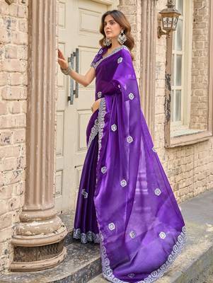 Purple embroidered embellished shimmer chiffon bollywood saree with blouse 3