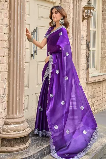 Purple embroidered embellished shimmer chiffon bollywood saree with blouse