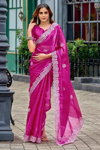 Rani pink embroidered embellished shimmer chiffon bollywood saree with blouse