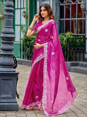 Rani pink embroidered embellished shimmer chiffon bollywood saree with blouse 3