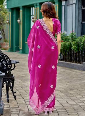 Rani pink embroidered embellished shimmer chiffon bollywood saree with blouse 4