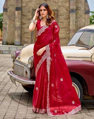 Red embroidered embellished shimmer chiffon bollywood saree with blouse 2