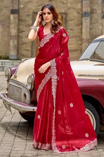 Red embroidered embellished shimmer chiffon bollywood saree with blouse
