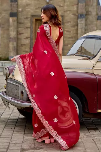Red embroidered embellished shimmer chiffon bollywood saree with blouse