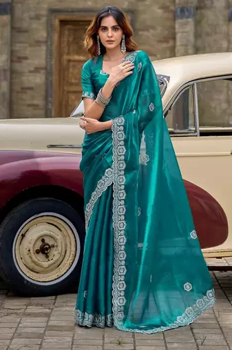 Teal blue embroidered embellished shimmer chiffon bollywood saree with blouse