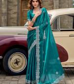 Teal blue embroidered embellished shimmer chiffon bollywood saree with blouse