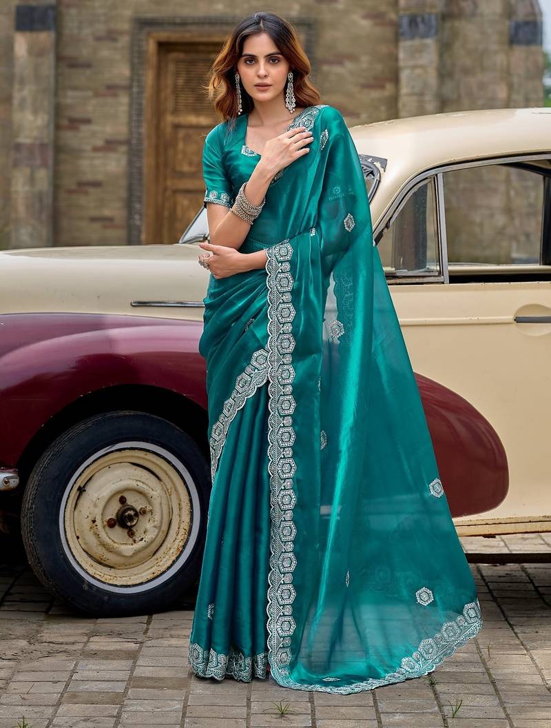 Teal blue embroidered embellished shimmer chiffon bollywood saree with blouse
