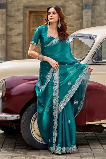 Teal blue embroidered embellished shimmer chiffon bollywood saree with blouse