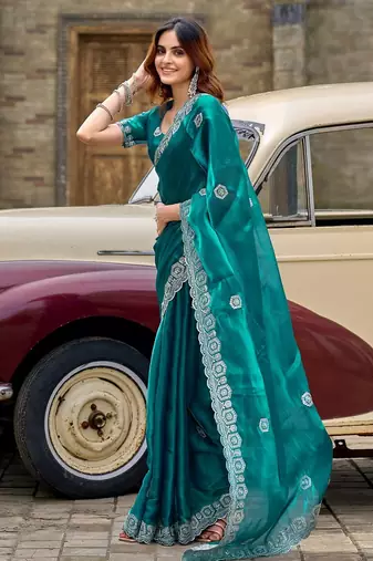 Teal blue embroidered embellished shimmer chiffon bollywood saree with blouse