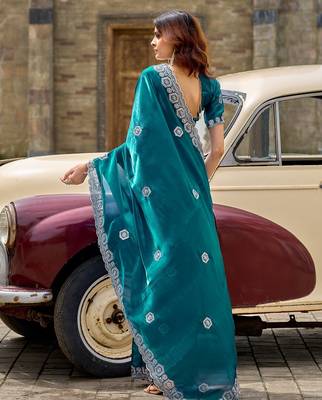 Teal blue embroidered embellished shimmer chiffon bollywood saree with blouse 4