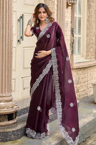 Wine embroidered embellished shimmer chiffon bollywood saree with blouse